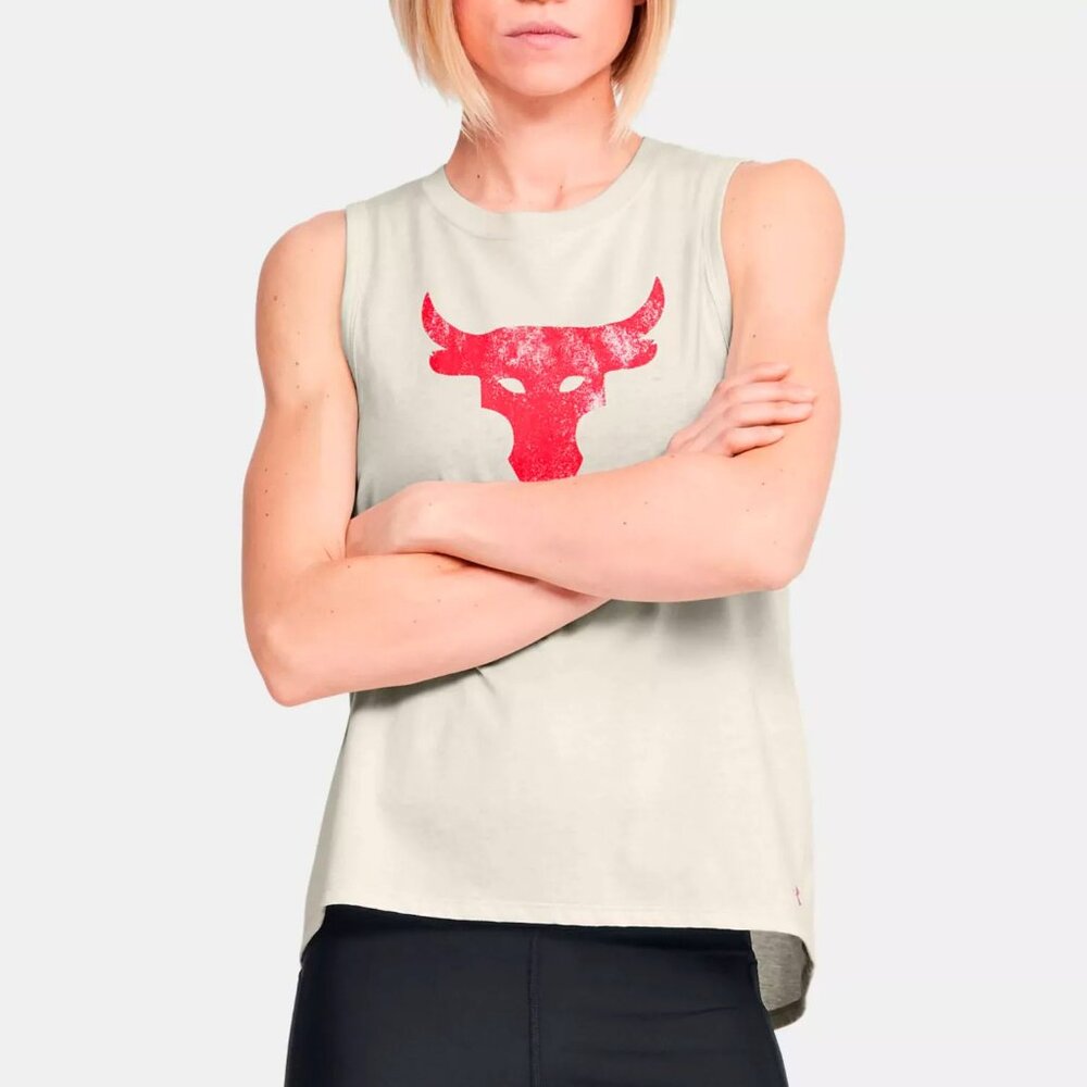Under Armour Women's Project Rock Bull Tank 1355680 Summit White/Versa Red NWT